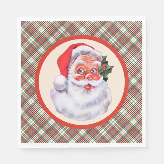 Jolly Santa Claus Christmas Plaid Party Paper Napkin (Front)