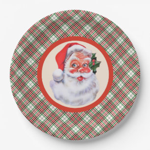 Jolly Santa Claus Christmas Plaid Party Paper Plate