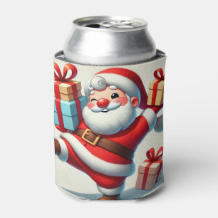Jolly Santa Claus Holding Gift Boxes Can Cooler