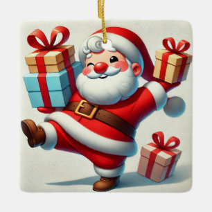 Jolly Santa Claus Holding Gift Boxes Ceramic Ornament