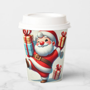 Jolly Santa Claus Holding Gift Boxes Paper Cups