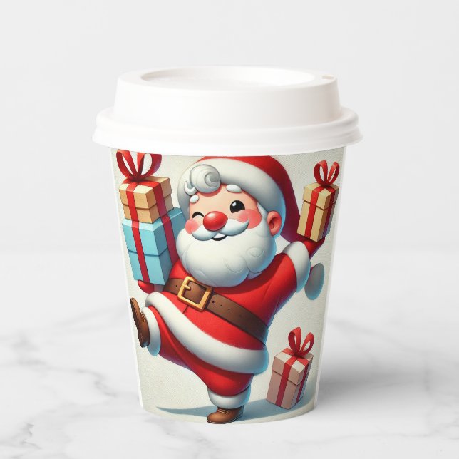 Jolly Santa Claus Holding Gift Boxes Paper Cups (Front)