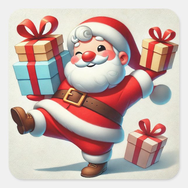 Jolly Santa Claus Holding Gift Boxes Square Sticker (Front)