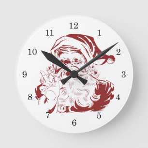 Jolly Santa Claus in Red Fun Retro Merry Christmas Round Clock