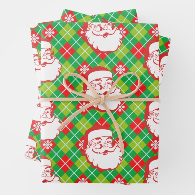 Jolly Santa Claus on Plaid  Wrapping Paper Sheet (In situ)