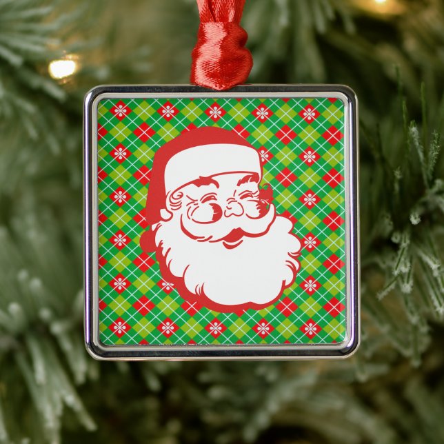Jolly Santa Claus on Red and Green Plaid Metal Tree Decoration (Tree)