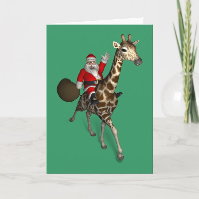 Jolly Santa Claus Rides A Giraffe Holiday Card (Front)