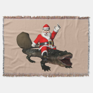 Jolly Santa Claus Riding An Alligator Throw Blanket