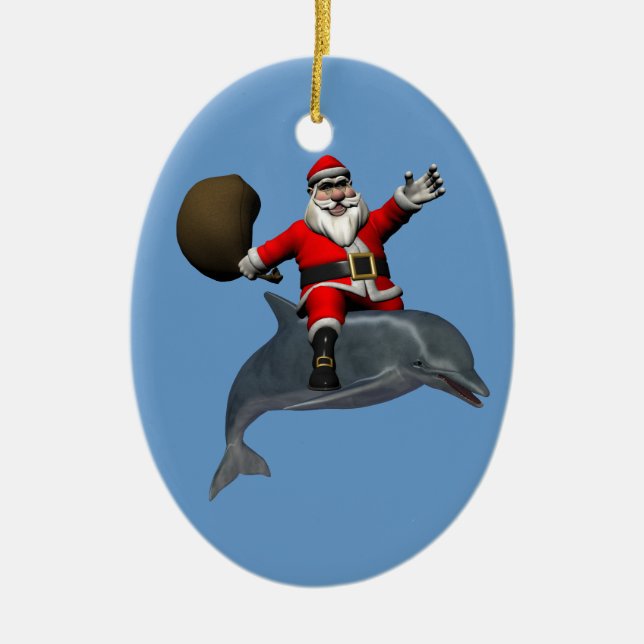 Jolly Santa Claus Riding On Dolphin Ceramic Tree Decoration (Front)