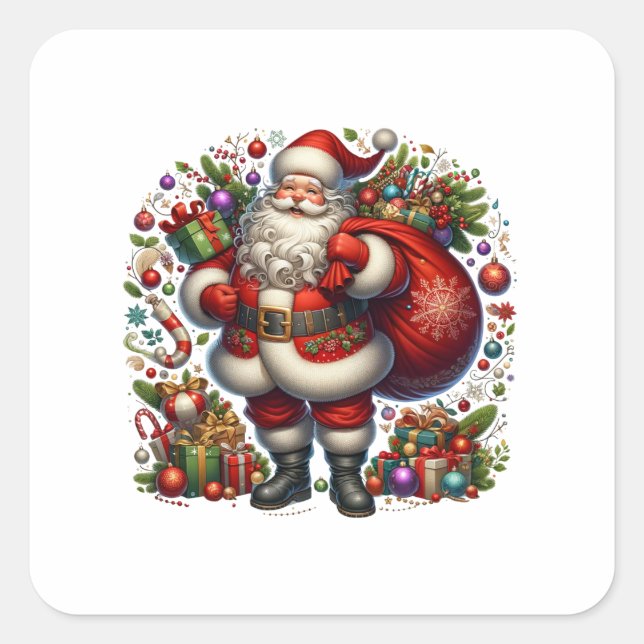 Jolly Santa Claus Surrounded by Gifts Square Sticker (Front)