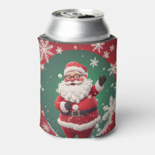 Jolly Santa Claus Surrounded by Snowflakes Can Cooler