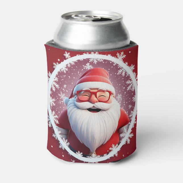 Jolly Santa Claus Surrounded by Snowflakes Can Cooler (Can Back)