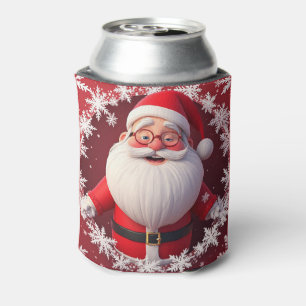 Jolly Santa Claus Surrounded by Snowflakes Can Cooler