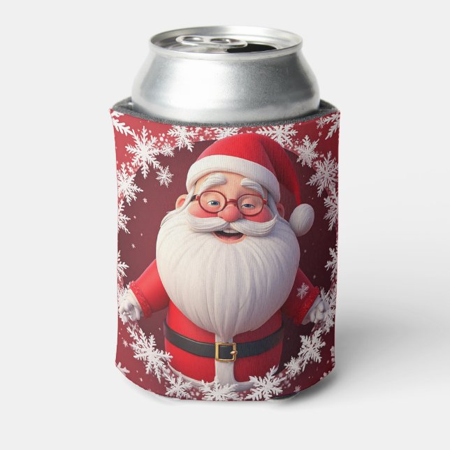 Jolly Santa Claus Surrounded by Snowflakes Can Cooler (Can Back)