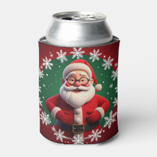 Jolly Santa Claus Surrounded by Snowflakes Can Cooler