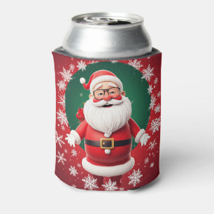Jolly Santa Claus Surrounded by Snowflakes Can Cooler