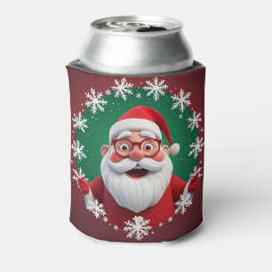 Jolly Santa Claus Surrounded by Snowflakes Can Cooler