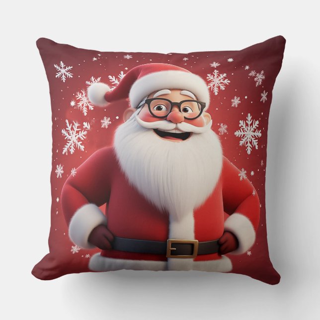 Jolly Santa Claus Surrounded by Snowflakes Cushion (Front)