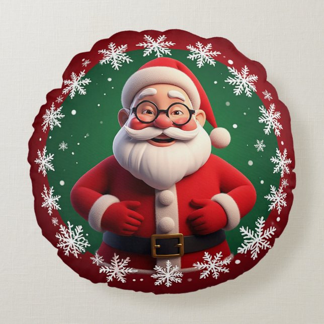 Jolly Santa Claus Surrounded by Snowflakes Round Cushion (Front)