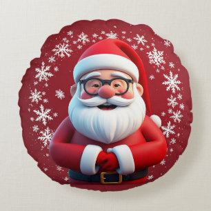 Jolly Santa Claus Surrounded by Snowflakes Round Cushion