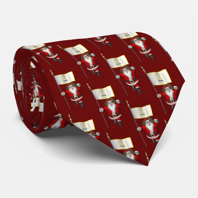 Jolly Santa Claus With Flag Of Rhode Island Tie (Rolled)