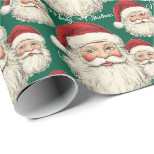 Jolly Santa Face Green Wrapping Paper