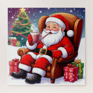 Jolly Santa Relaxing With Hot Cocoa By Christmas Jigsaw Puzzle
