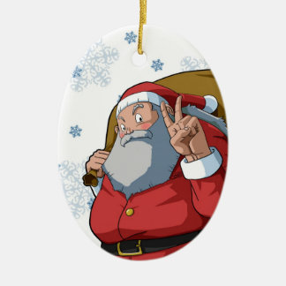 Jolly Santa with Peace Sign Merry Christmas Ceramic Tree Decoration