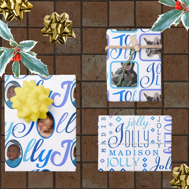 JOLLY Script Blue On White 4 Photo Christmas Wrapping Paper Sheet (Creator Uploaded)