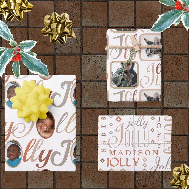 JOLLY Script Brown Tan On White 4 Photo Christmas Wrapping Paper Sheet (Creator Uploaded)
