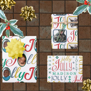 JOLLY Script Colourful On White 4 Photo Christmas Wrapping Paper Sheet