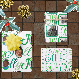 JOLLY Script Green On White 4 Photo Christmas Wrapping Paper Sheet