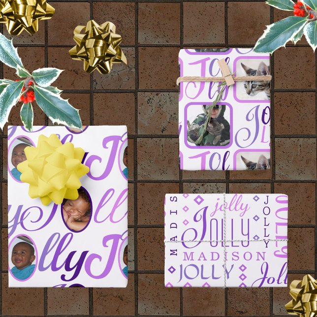 JOLLY Script Purple On White 4 Photo Christmas Wra Wrapping Paper Sheet (Creator Uploaded)