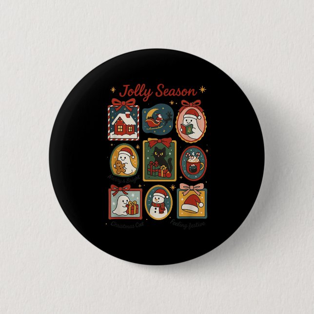 Jolly Season Ghost Cat Santa Christmas Frame Merry 6 Cm Round Badge (Front)
