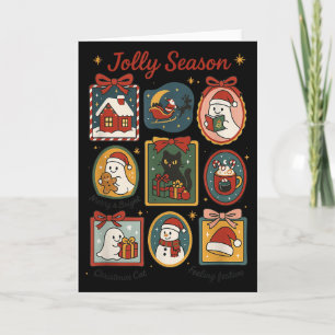 Jolly Season Ghost Cat Santa Christmas Frame Merry Card