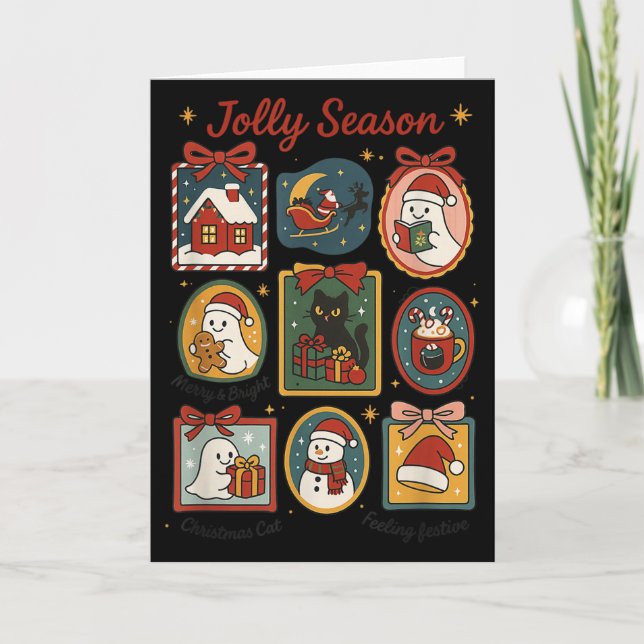 Jolly Season Ghost Cat Santa Christmas Frame Merry Card (Front)