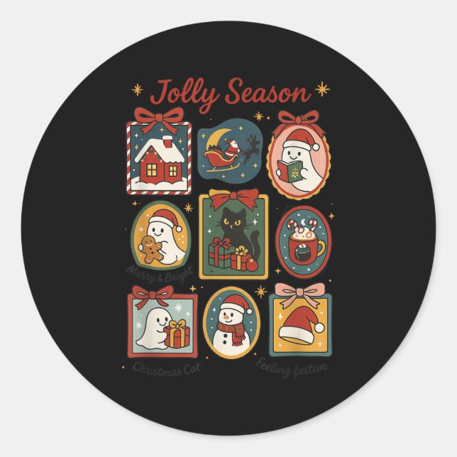 Jolly Season Ghost Cat Santa Christmas Frame Merry Classic Round Sticker (Front)