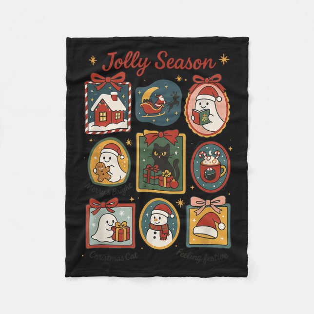 Jolly Season Ghost Cat Santa Christmas Frame Merry Fleece Blanket (Front)
