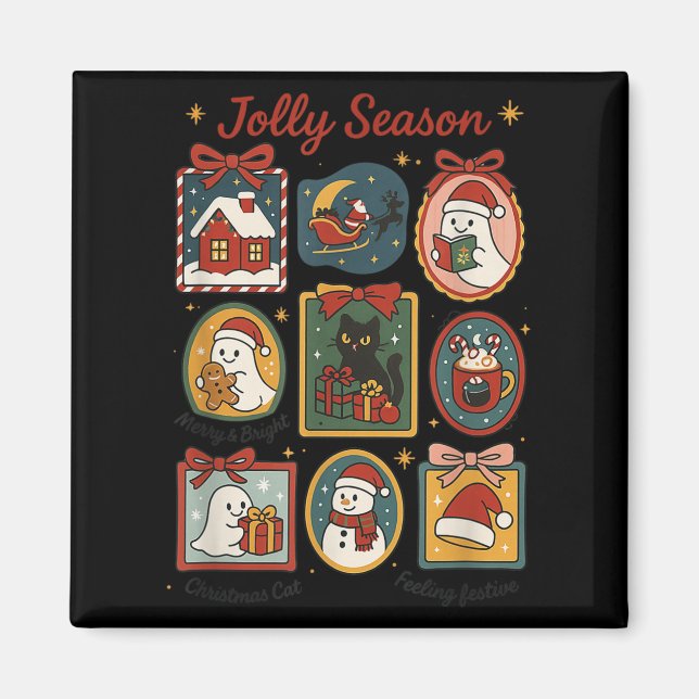 Jolly Season Ghost Cat Santa Christmas Frame Merry Magnet (Front)
