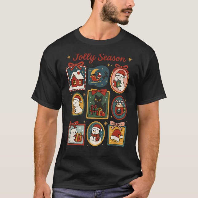 Jolly Season Ghost Cat Santa Christmas Frame Merry T-Shirt (Front)
