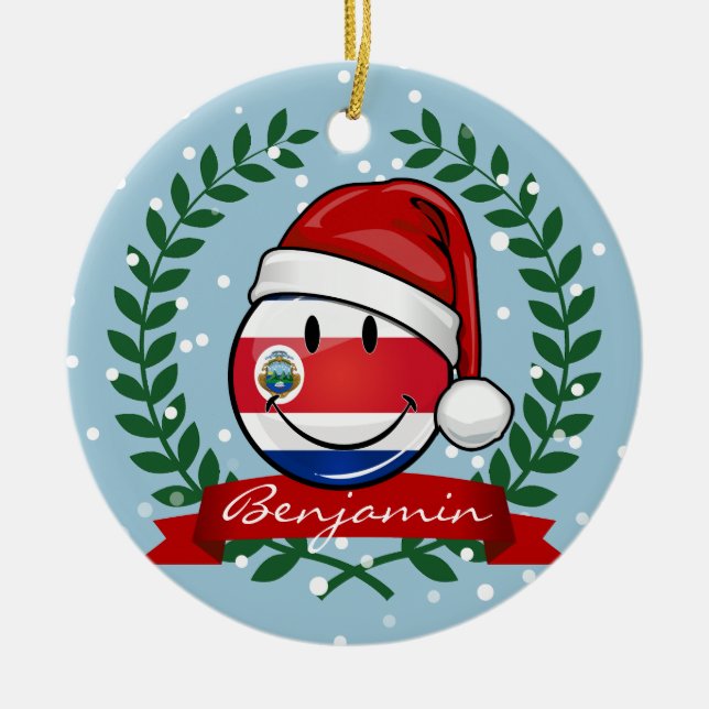 Jolly Smiling Christmas Costa Rican Flag Ceramic Tree Decoration (Front)