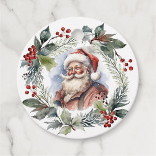 Jolly Smiling Santa Watercolor Christmas Wreath Favour Tags