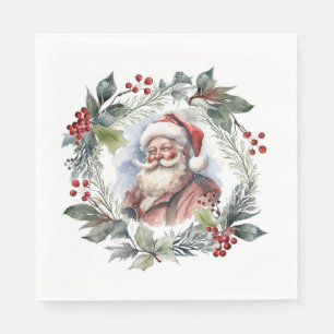 Jolly Smiling Santa Watercolor Christmas Wreath Napkin