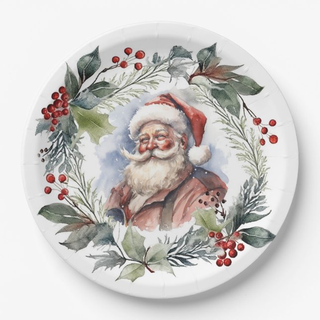 Jolly Smiling Santa Watercolor Christmas Wreath Paper Plate (Front)