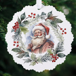 Jolly Smiling Santa Watercolor Christmas Wreath Tree Decoration Card<br><div class="desc">Nostalgic vintage-inspired portrait of smiling St. Nicholas surrounded by a festive watercolor style Christmas wreath with evergreens,  foliage and red berries.</div>