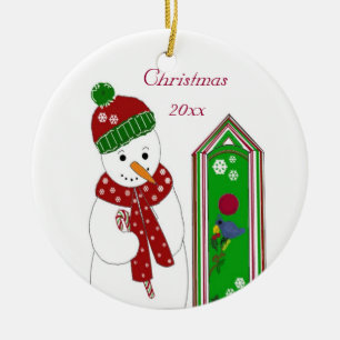 Jolly Snowman and Bird House Ceramic Tree Decoration