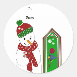 Jolly Snowman and Bird House Classic Round Sticker