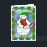 Jolly Snowman Christmas Card<br><div class="desc">Jolly frosty snowman with red scarf and mittens and green hat will bring a smile during the holidays. The holly border and blue background add to merry Christmas cheer of this unique greeting card. Add your family name to front of card and verse inside may be changed in the template...</div>