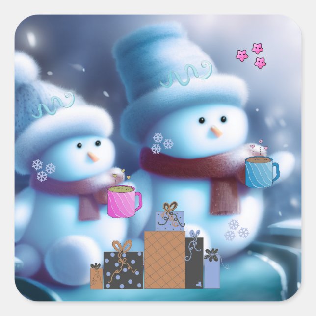 Jolly Snowman Couple Coffee  Square Sticker (Front)