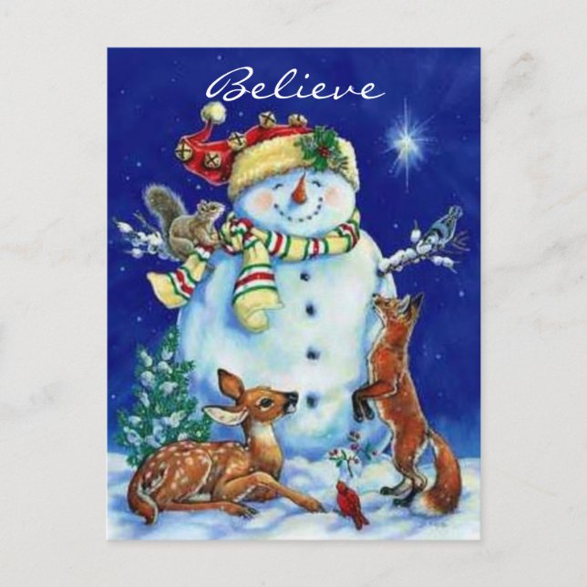 Jolly Snowman & Forest Friends Christmas Holiday Postcard (Front)
